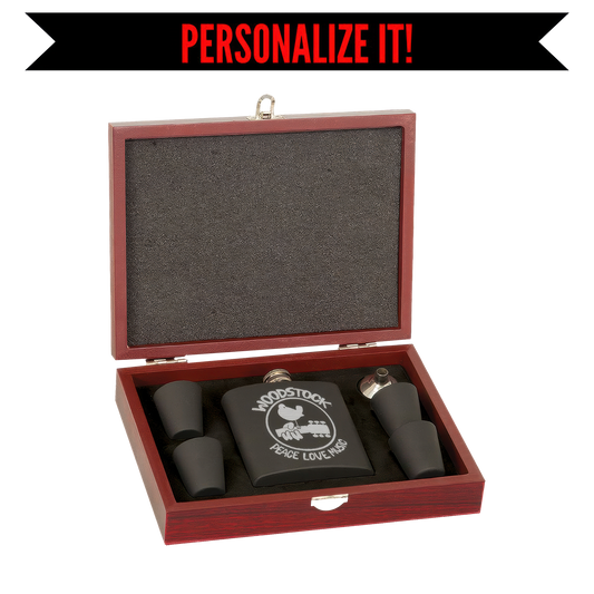 Peace Love Music Laser Engraved Flask Set In Wooden Box